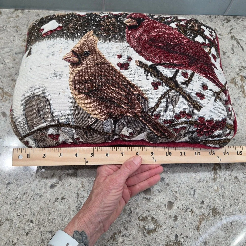 Vintage Cardinal‎ Birds Winter Tapestry Accent Pillow Red Velvet Back 14x10